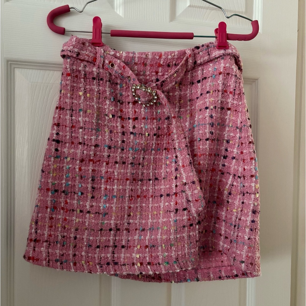 Sister Jane Brand New Firld Date Mini Tweed Skirt in Pink/Rainbow
